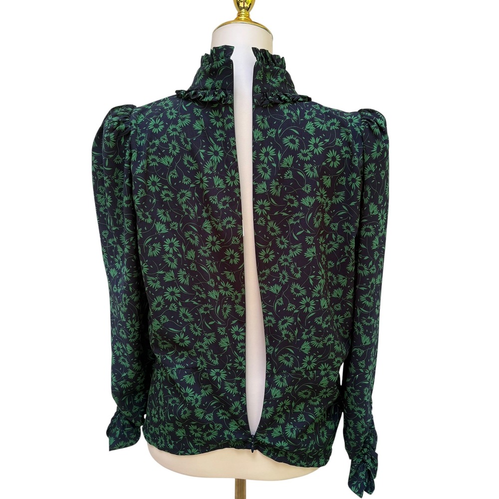 Zara Floral High Neck Blouse XL Green Black Puff Sleeve Ruffle NWT Victorian - Picture 6 of 10